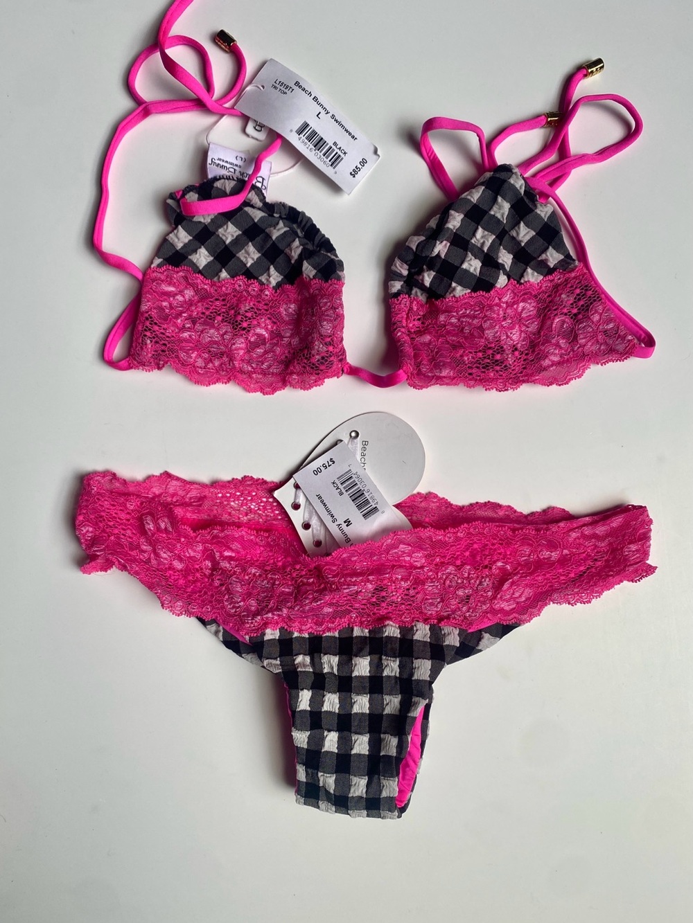 Beach Bunny Black-and-White Gingham Bikini with Hot Pink Lace Trim M⬇️- L⬆️